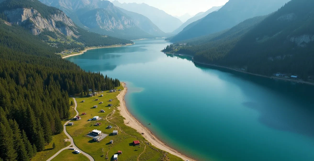 Vue aérienne montrant les différentes zones de camping autour du lac d'Annecy avec les axes routiers