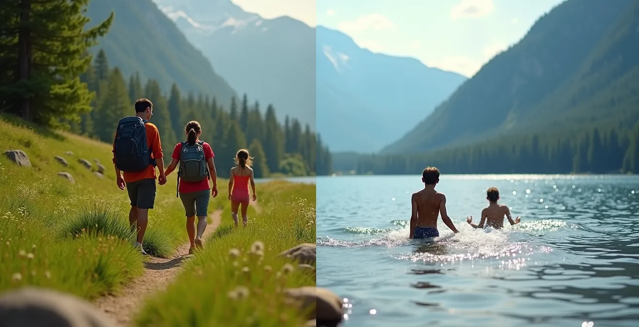 Dyptique montrant le même camping au printemps avec randonneurs et en été avec baigneurs